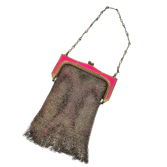 Vintage WHITING & DAVIS Pink Enameled Colorful Mesh Flapper Purse Tiny ~ READ - Picture 1 of 10